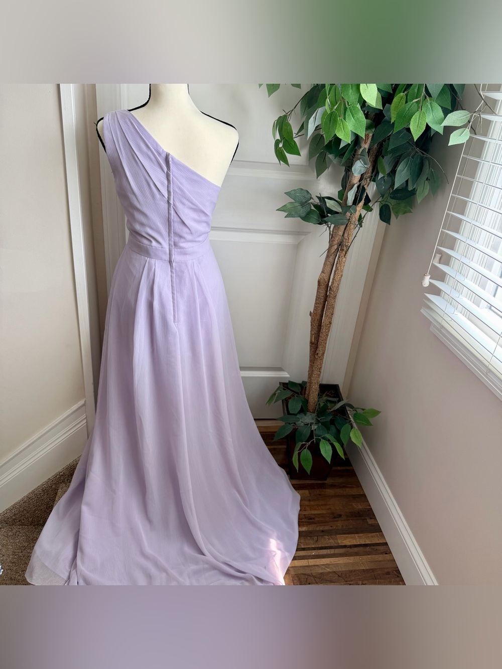David’s Bridal Long One-Shoulder Crinkle Chiffon Dress Iris Lavender Sz 6 - Picture 9 of 16
